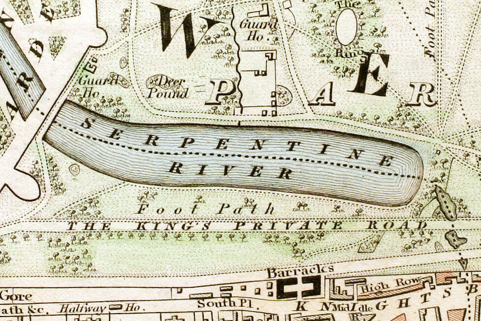 Extract from a Map of Hyde Park from 1833 which shows Rotten Row as 'The King's Private Road'
