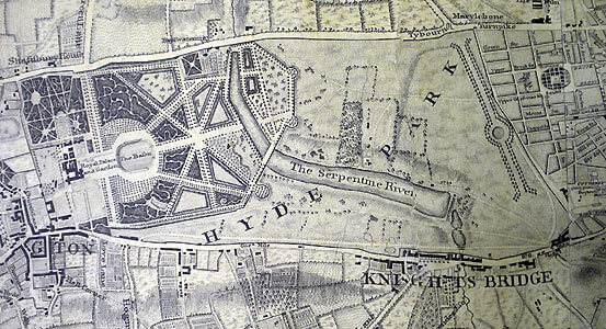 John Roque's 1746 map of Hyde park showing the newly constructed Serpentine and The Round Pond