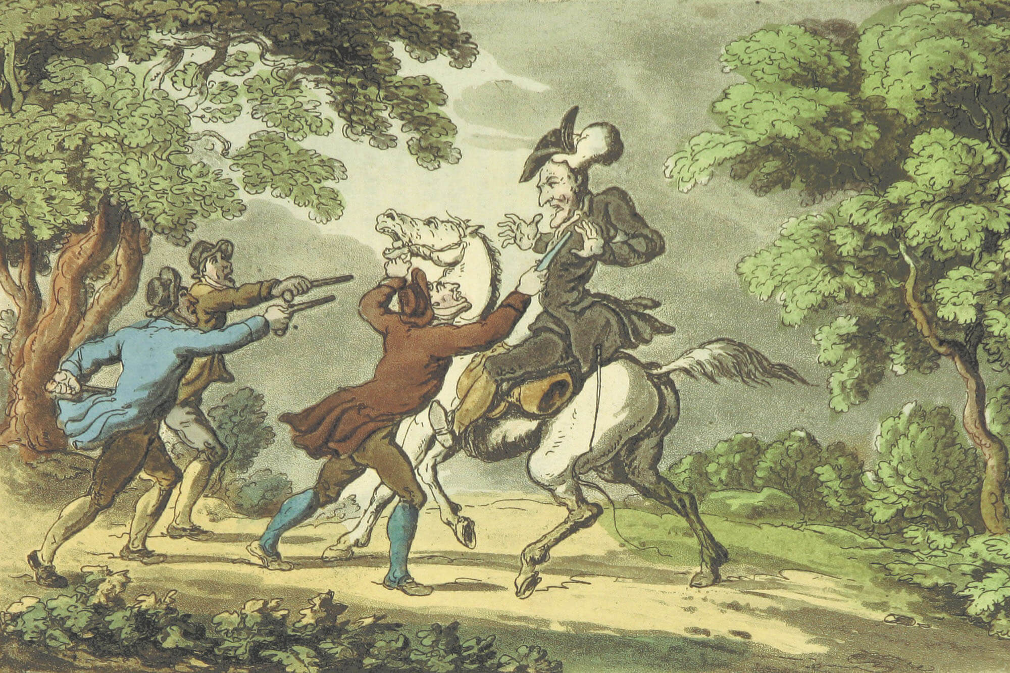 Illustration by Thomas Rowland of highwaymen at work, 1813