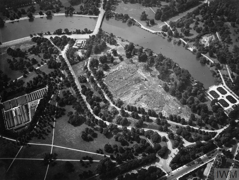 An aerial view of the Camouflage School at Kensington Gardens, taken in 1918