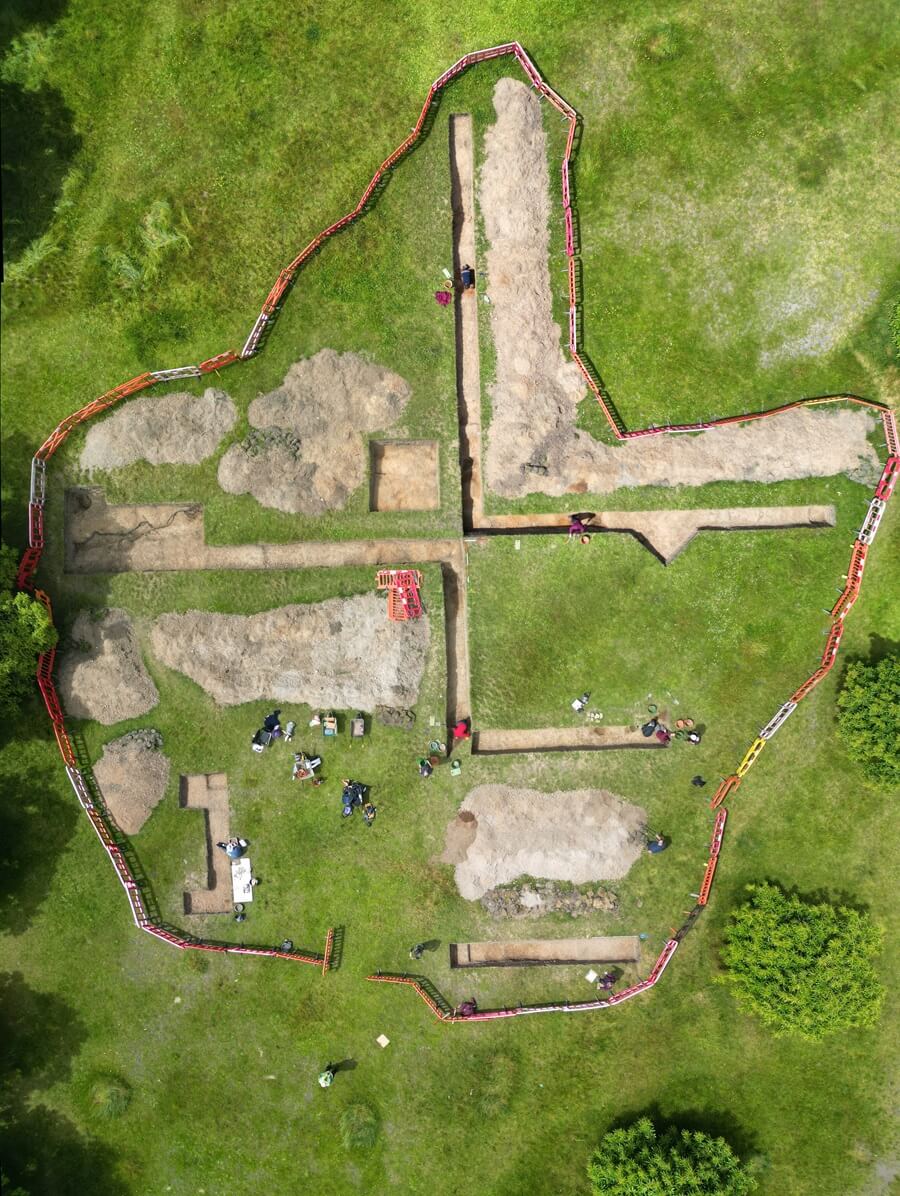 Aerial photograph of the community archaeological dig at the Roman temple site, 2024