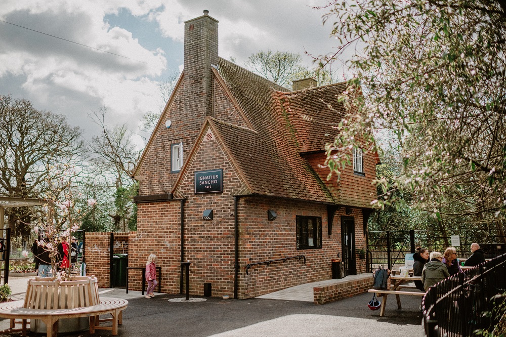 A view of the outside of the Ignatius Sancho Cafe in Greenwich Park