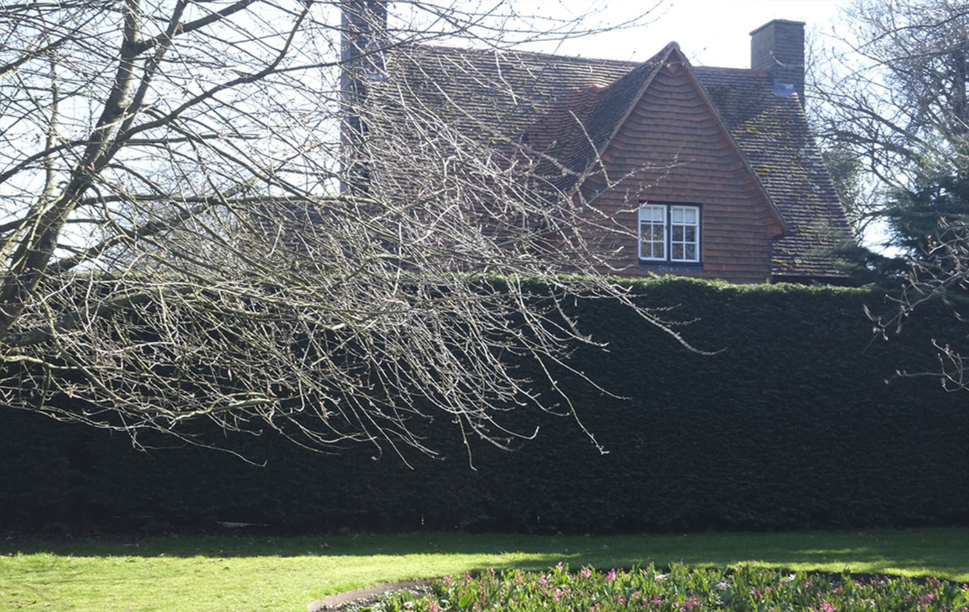 A tall hedge previously hid the building from view