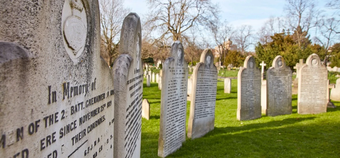 The names of 200 servicemen are recorded on the 18 headstones surrounding the central cross.