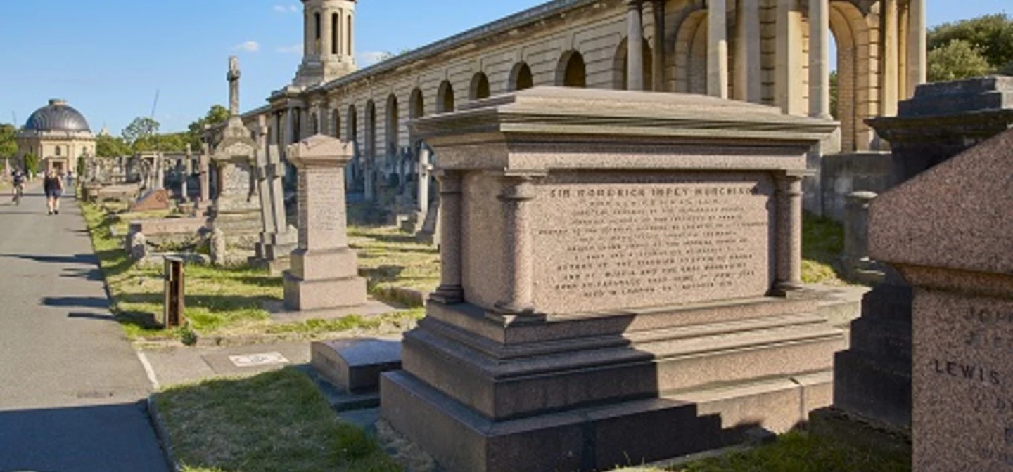 Roderick’s grand family chest tomb, made from pink granite, stands in a prominent position just in front of the cemetery’s colonnades.