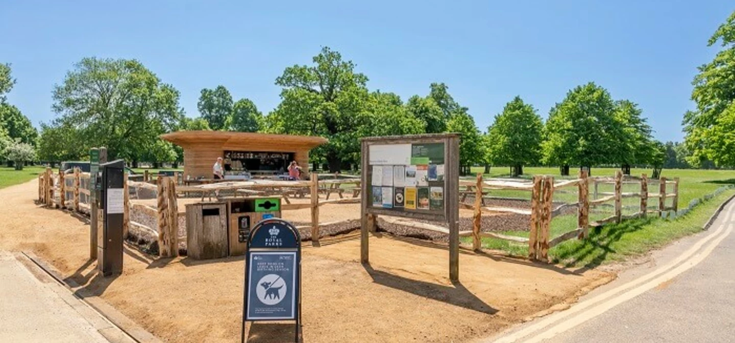 Diana car park kiosk in Bushy Park in spring