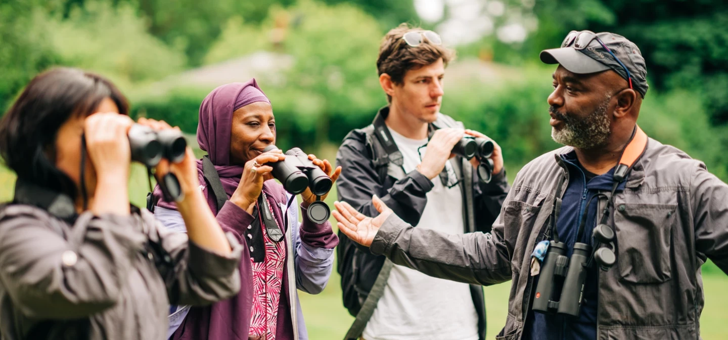 A group od people on a bird watching tour with David Lindo, the Urban Birder.