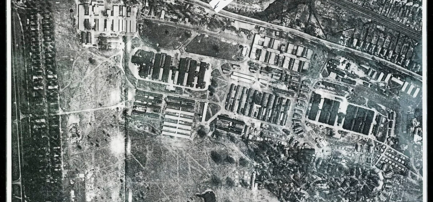 A black and white bird's eye view of Camp Griffiss in Bushy Park