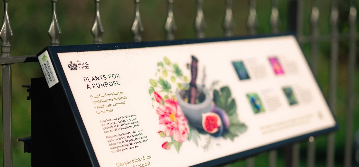 Plants for a Purpose interpretation board at Victoria Gate, Hyde Park