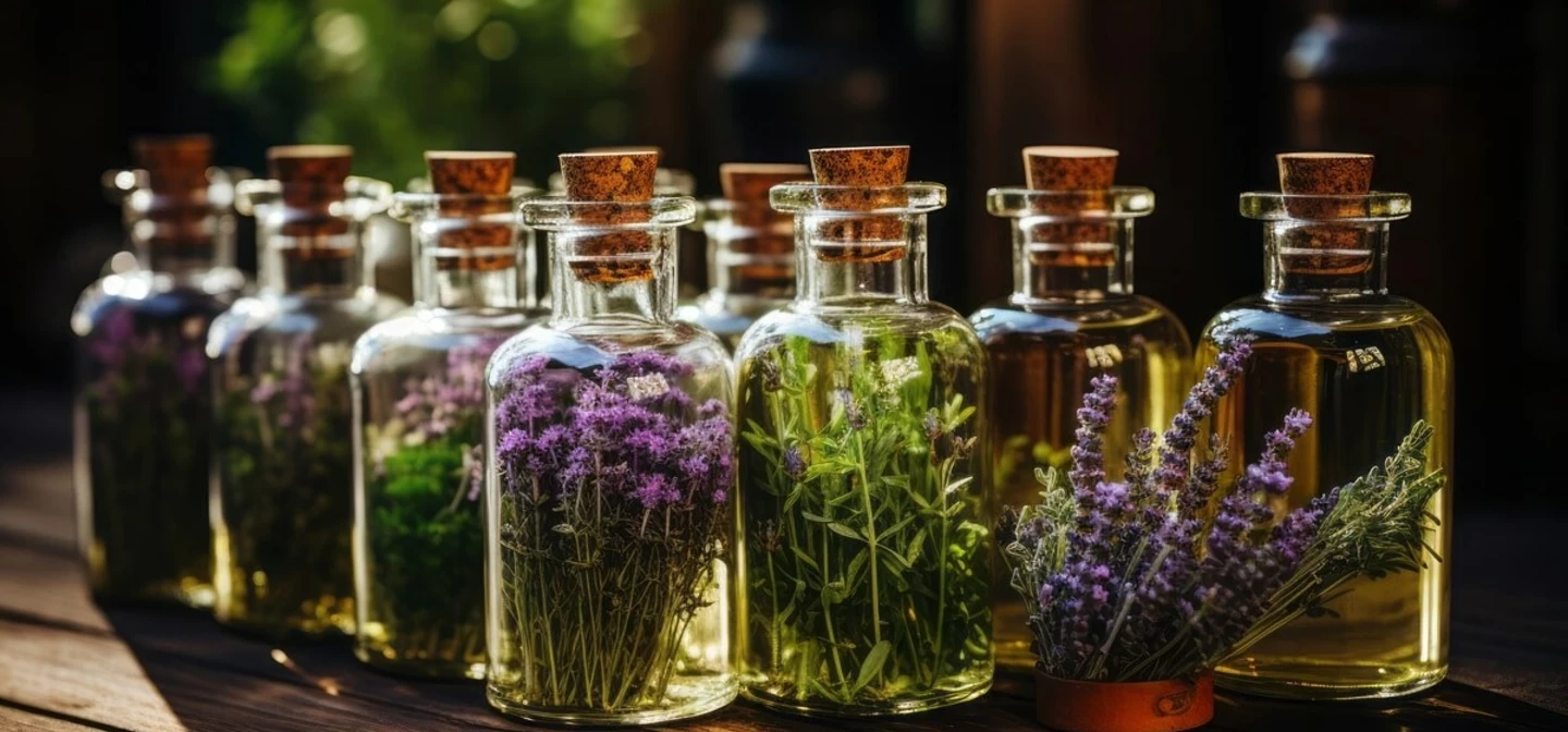 Glass bottles filled with various herbs and flowers