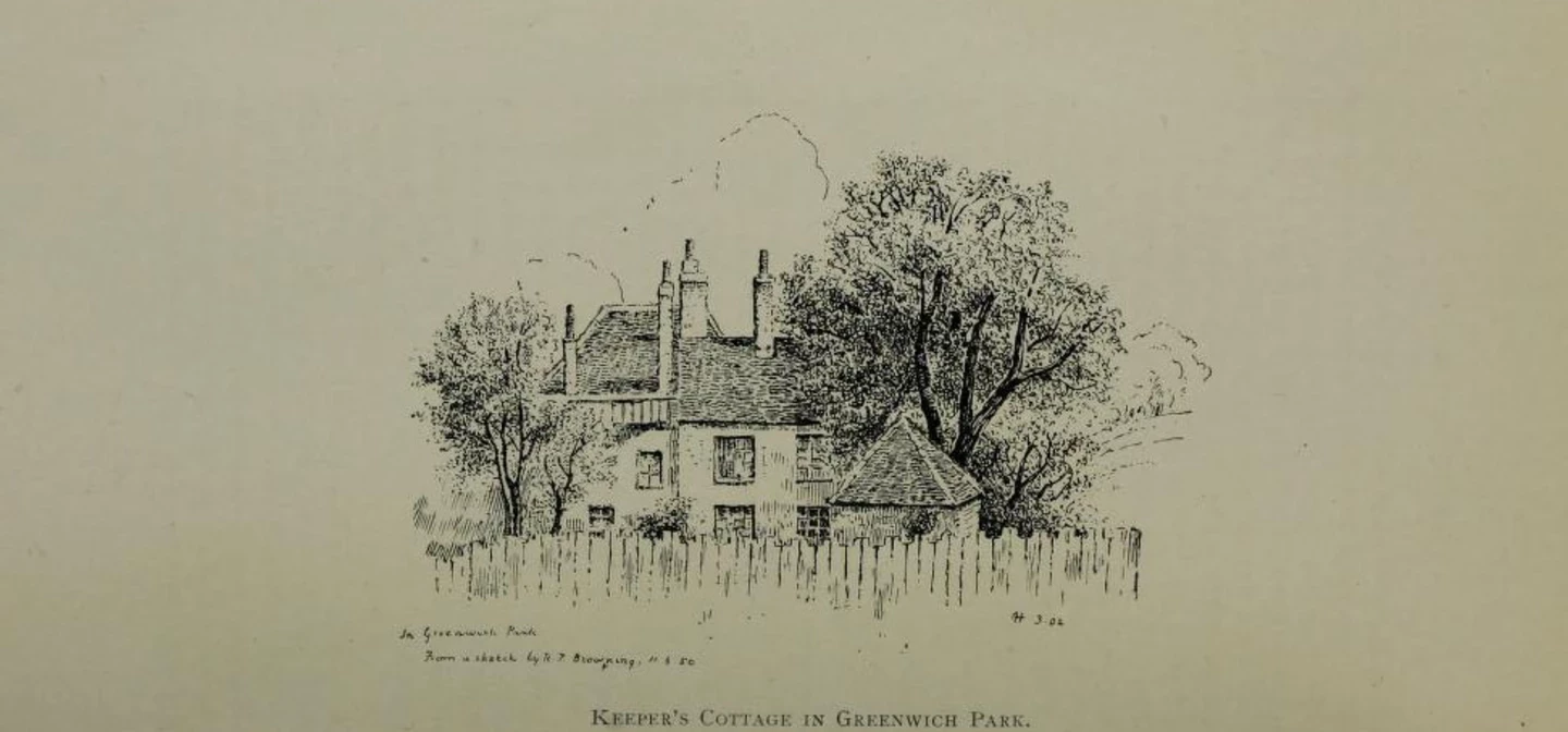 An old print showing the keeper's cottage sat behind a low wooden fence, surrounded by trees