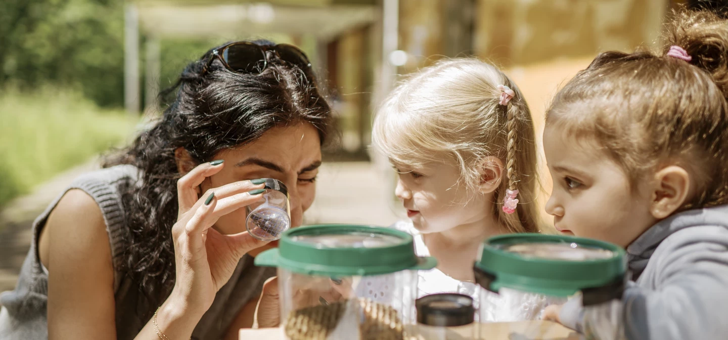 Image of a woman looking through a microscope at insects in a jar. Two children are to her right.