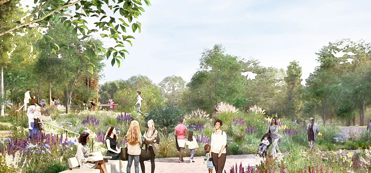 Concept art showing people on a path through a new garden.