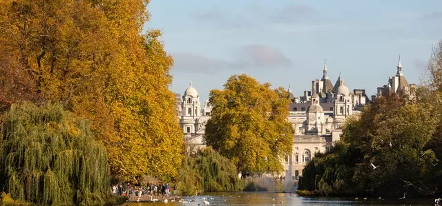 View of autumn trees over the lake towards Horse Guards Parade 