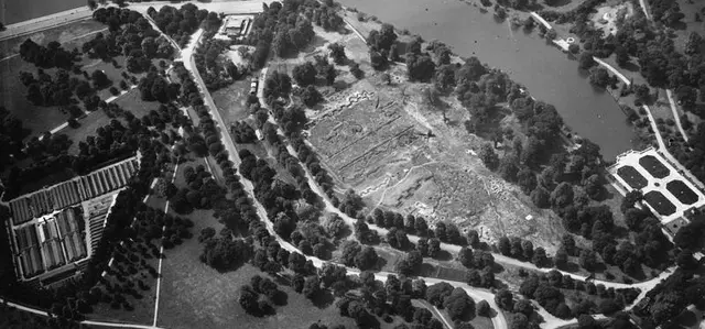 An aerial view of the Camouflage School at Kensington Gardens, taken in 1918