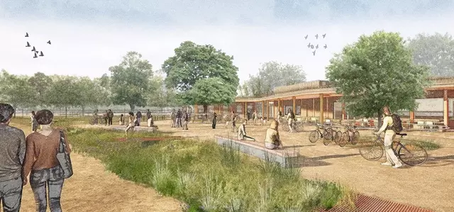 An artist visualisation of the new cafe showing people walking through the landscaped area in front.