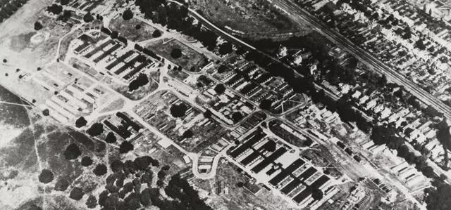An aerial photograph of Camp Griffiss in Bushy Park during the Second World War