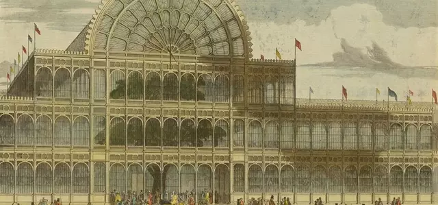 A painting of the front of the Crystal Palace Great Exhibition building