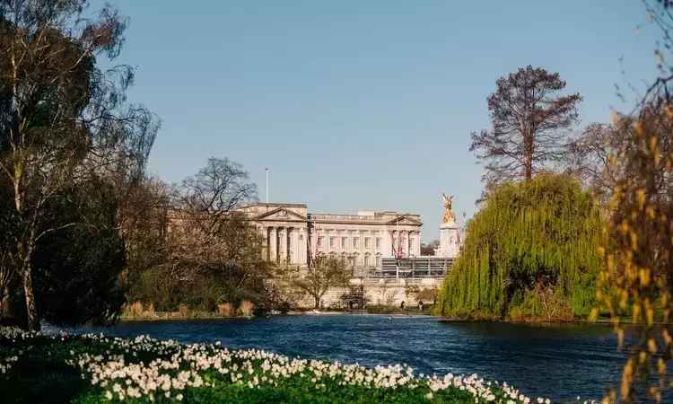 Landscape view of Buckingham Palace from within St James's Park