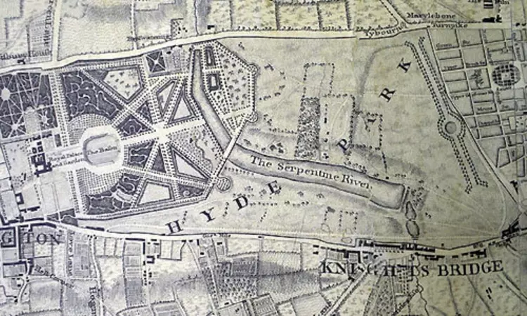 John Roque's 1746 map of Hyde park showing the newly constructed Serpentine and The Round Pond