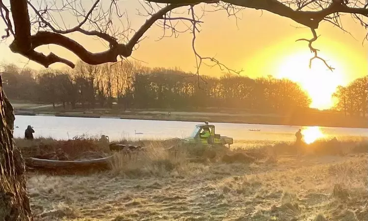 Police buggy in the park at sunrise