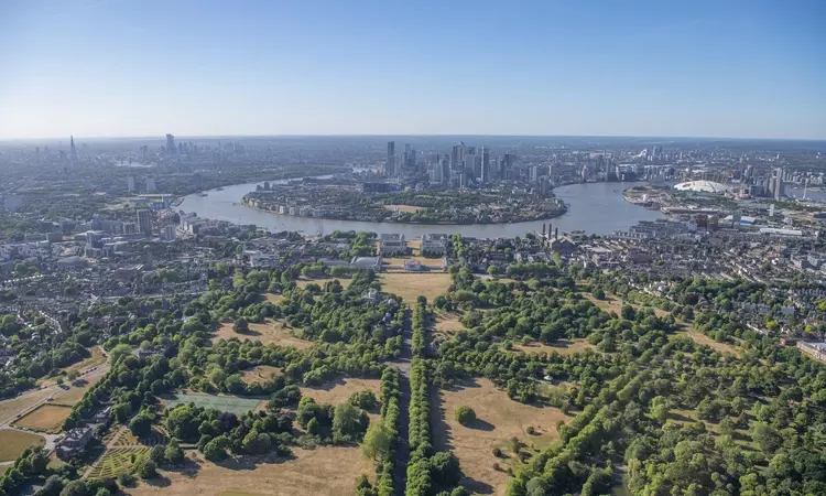 Aerial photo of Greenwich Park and the Isle of Dogs