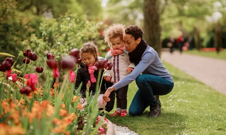 A woman and her children looking closely at some flowers