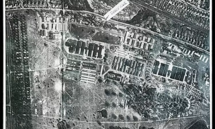 A black and white bird's eye view of Camp Griffiss in Bushy Park