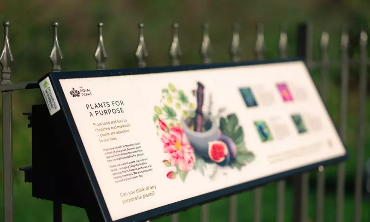 Plants for a Purpose interpretation board at Victoria Gate, Hyde Park