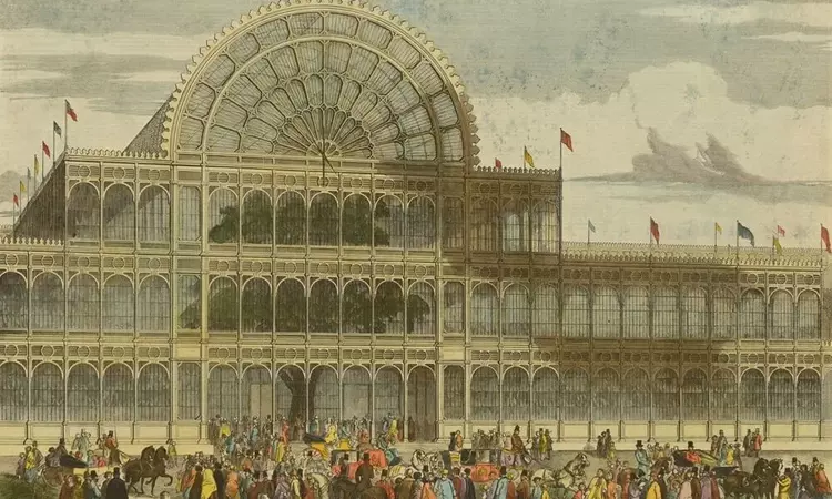 A painting of the front of the Crystal Palace Great Exhibition building