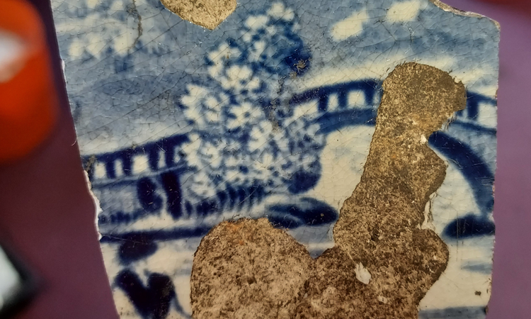 A find from the dig at the Keeper's Cottage - a fragment of china with a blue and white tree pattern