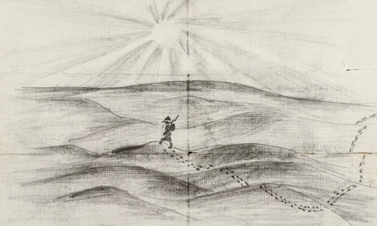 A sketch Hori sent back home, showing him marching across the empty desert in Egypt