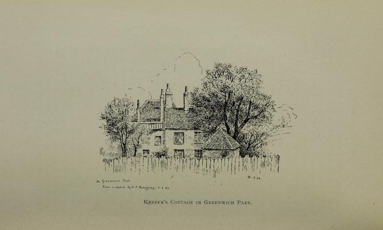 An old print showing the keeper's cottage sat behind a low wooden fence, surrounded by trees