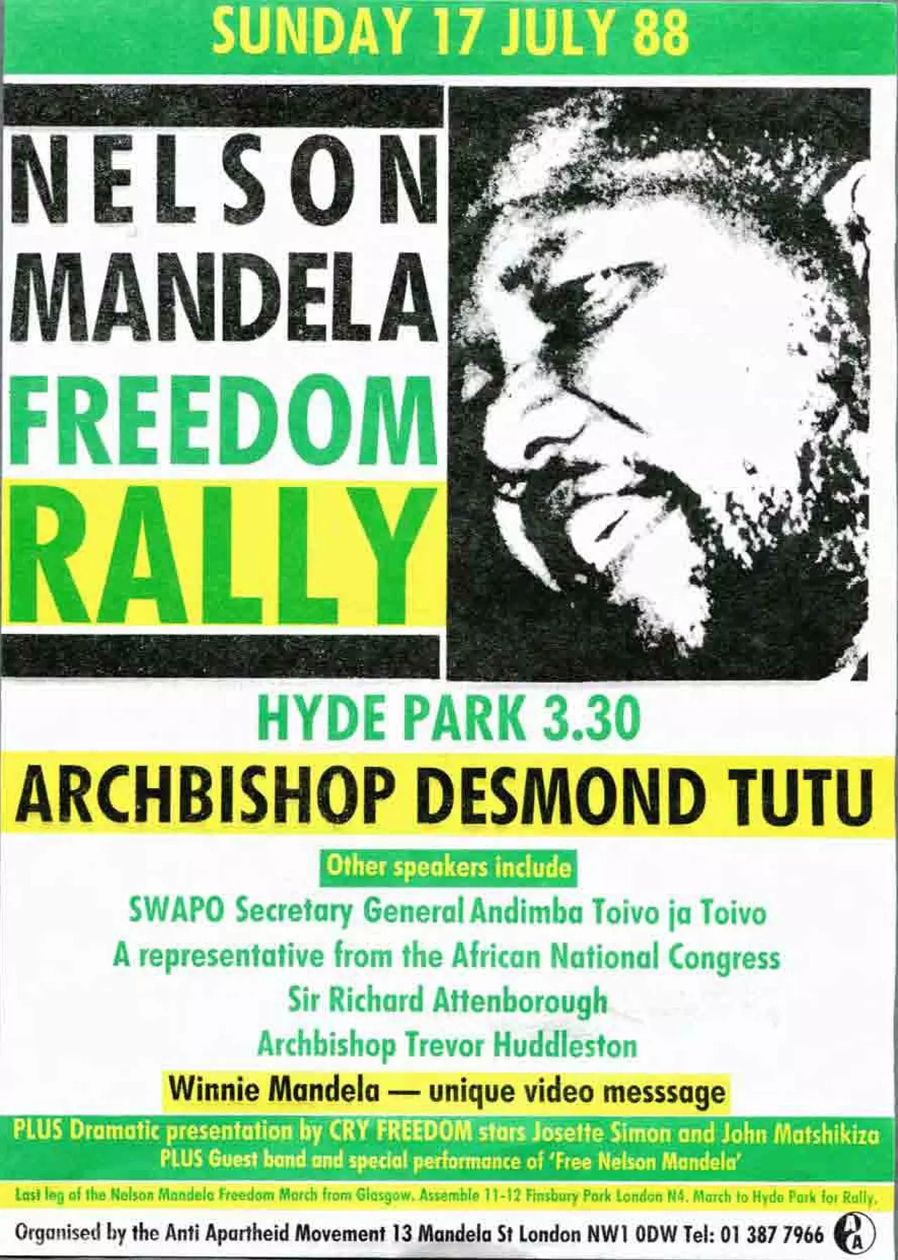 Flyer for the 'Nelson Mandela: Freedom at 70' concert and rally in Hyde Park, 1988 © Anti Apartheid Movement Archives