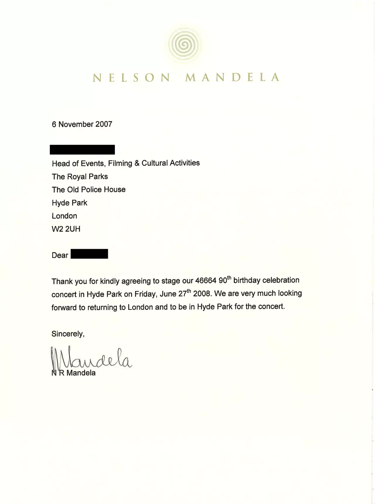 Letter from Nelson Mandela to The Royal Parks in 2007, accepting the invitation to attend the Hyde Park concert © Nelson Mandela Foundation / 46664