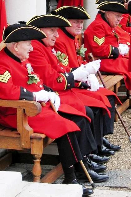 Chelsea Pensioners wear their distinctive red coats when they are away from the Hospital, and for ceremonial occasions.