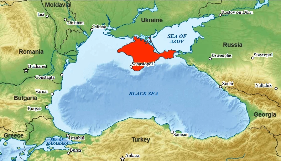 The Crimea is a peninsula on the Black Sea. It is a politically disputed area, regarded as part of the Ukraine but annexed by Russia in 2014.