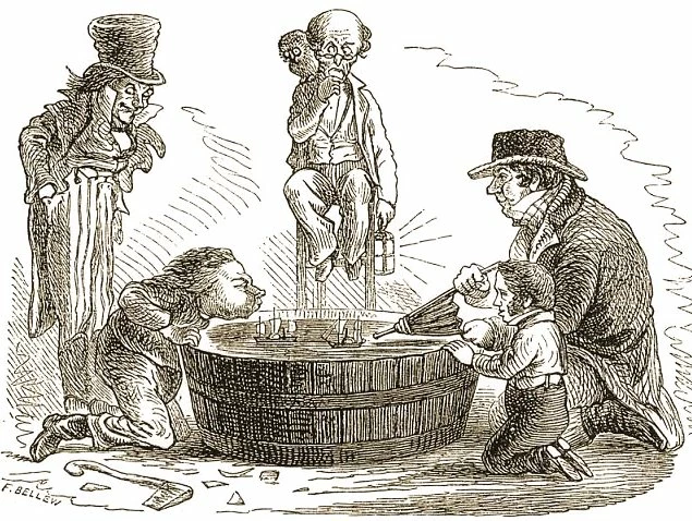 Cartoon of boys blowing toy ships across a barrel