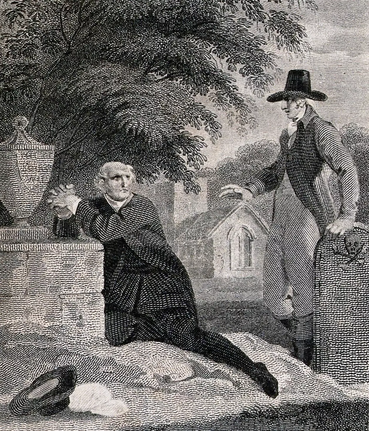 A man praying at a grave beneath a yew tree