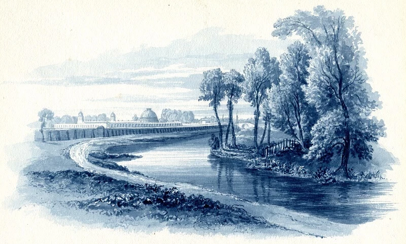 Engraving of canal and cemetery