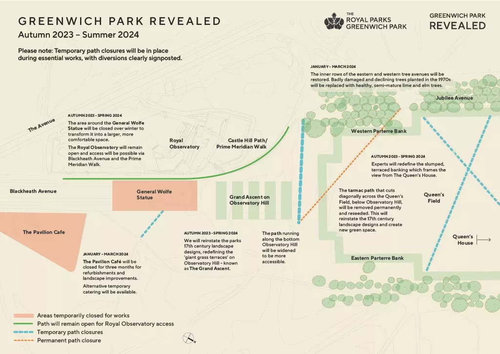 A map infogrpahic showing the upcoming work of the Greenwich Park Revealed project