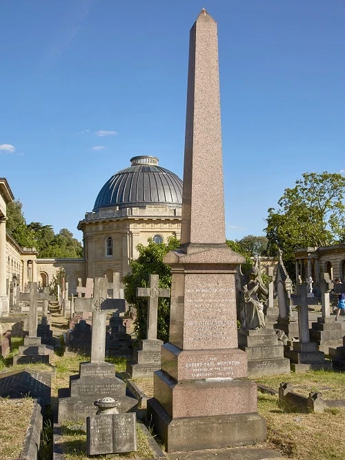 Lionel’s pink granite memorial is an obelisk.