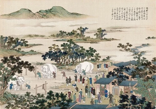 Painting of mountains, people and elephants