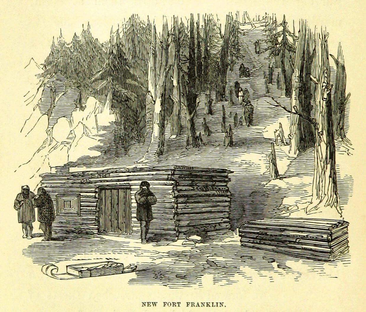 Illustration of log cabins on a snowy hillside