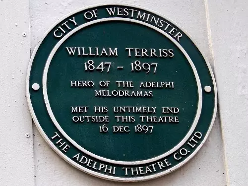  A green plaque at the stage door of the Adelphi Theatre records Terriss’s fatal stabbing.