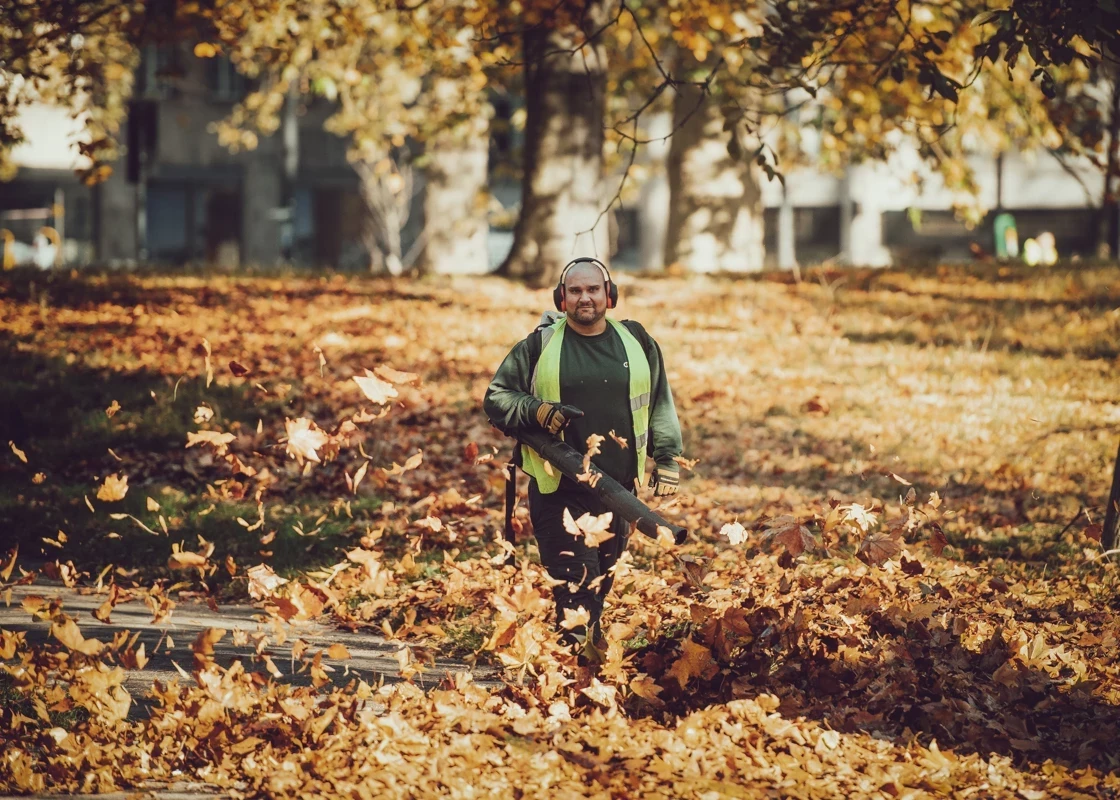 Contractor using a leaf blower