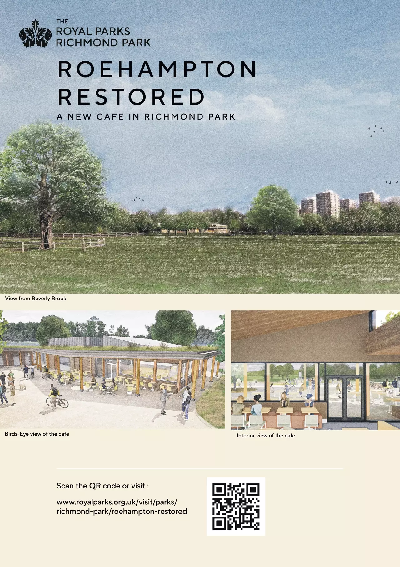 A poster showing artist interpretations of the new café proposed for Roehampton Gate