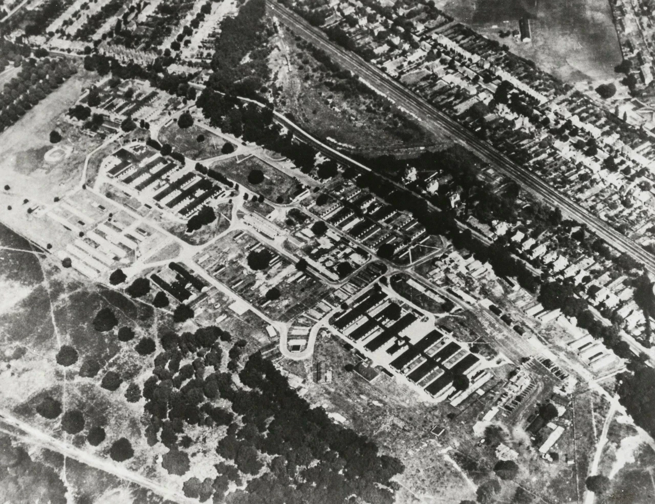 Aerial photograph of Camp Griffiss, Bushy Park, in the Second World War
