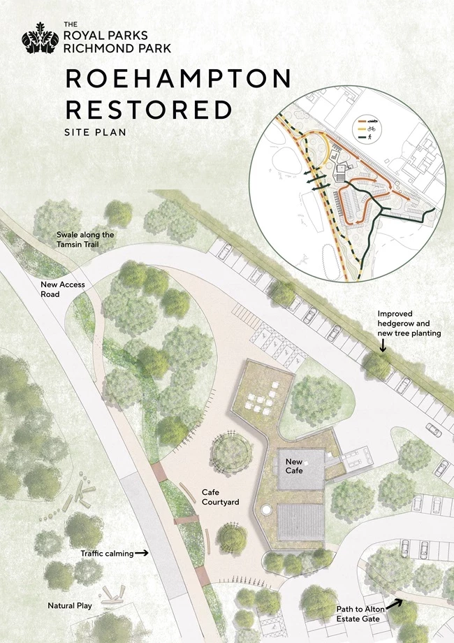 A poster showing the site plan of the new café proposed for Roehampton Gate