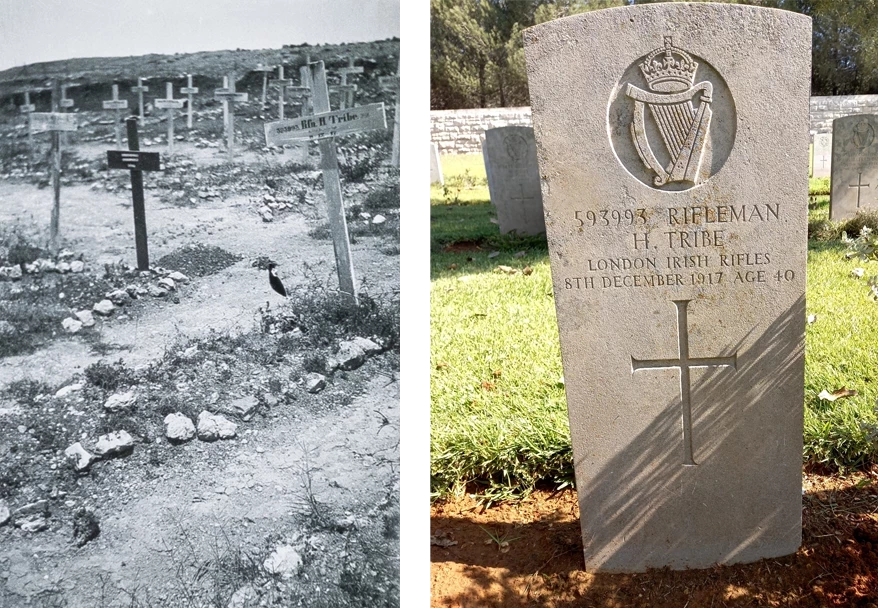 Hori's grave as it appeared after the war, marked by a simple wooden cross, and as it appears today